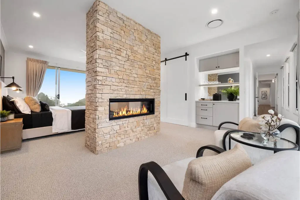 Mater 325 master bedroom with fireplace