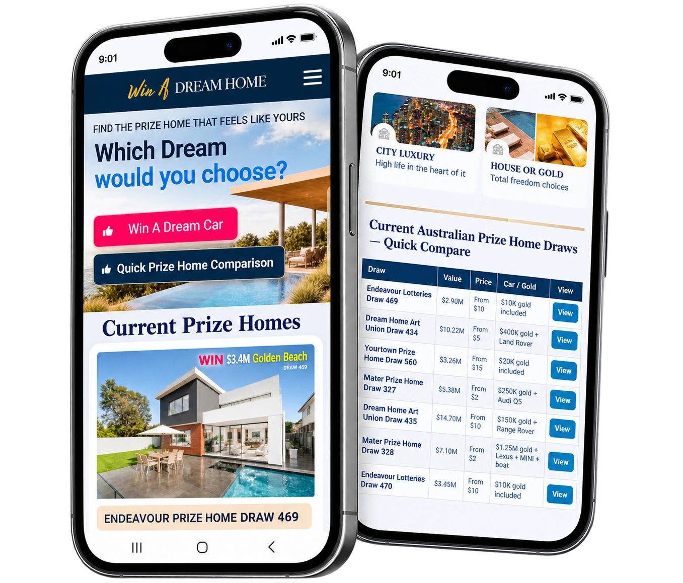 The Win A Dream Home app showing prize home draws on a phone